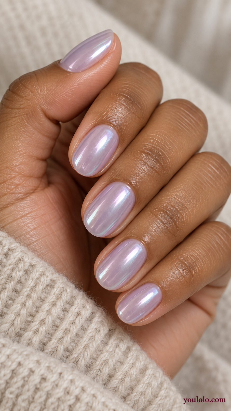 Cool Lilac Pearl Nails on a naturally gathered feminine hand showing the nail finish