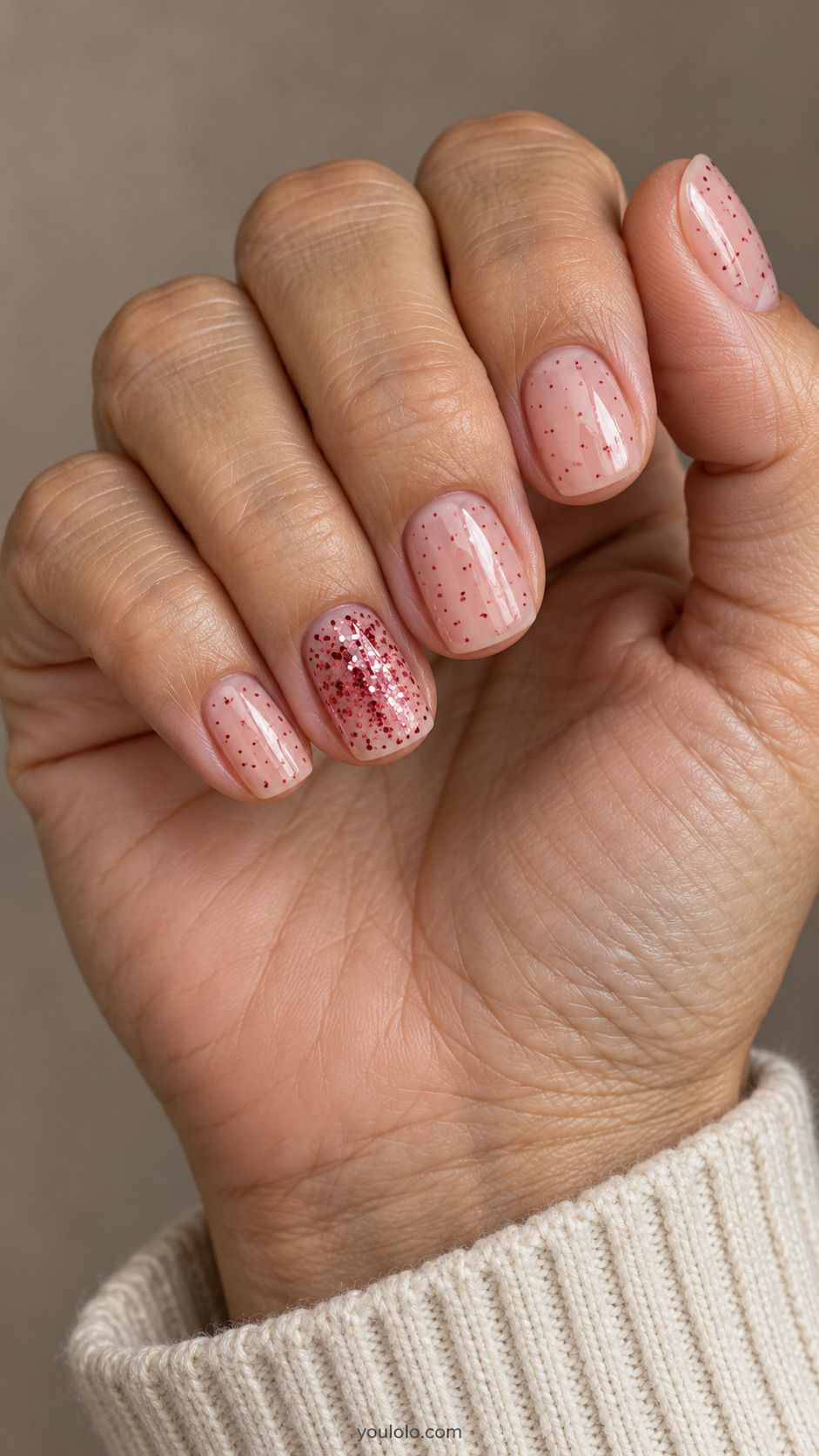 Short nude squoval nails with sparse red glitter and a denser ring accent