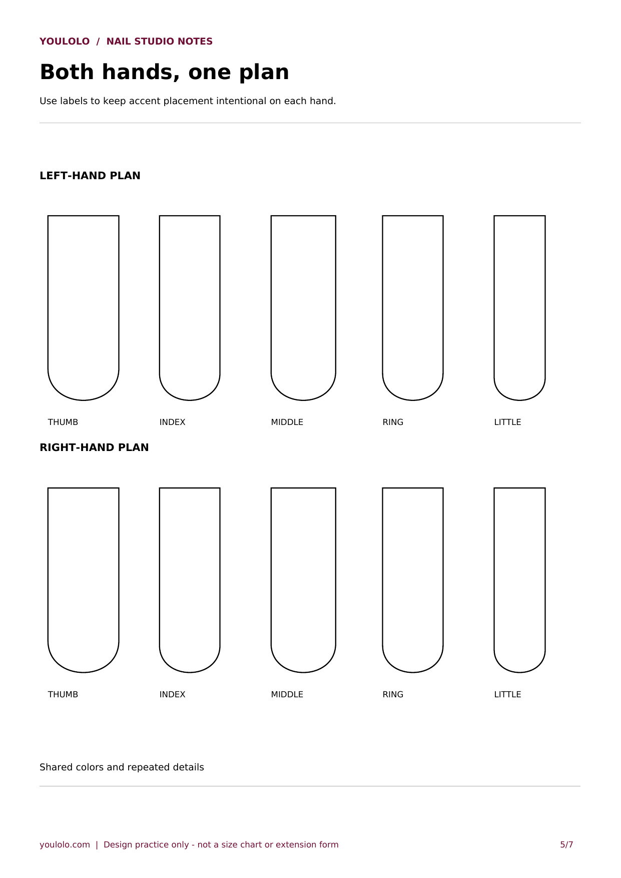 Printable long square nail template: both hands, one plan with blank outlines and planning fields