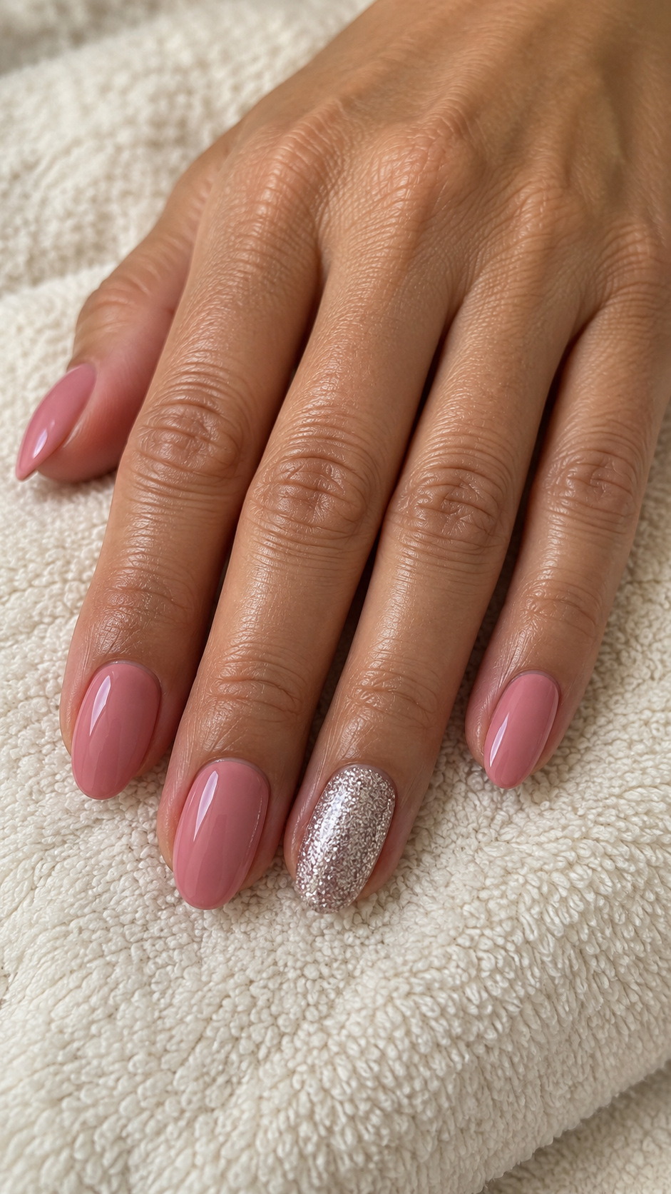Rose Pink with a Silver Glitter Accent: Rose pink oval nails with a fully glittered silver ring nail on a naturally posed adult hand