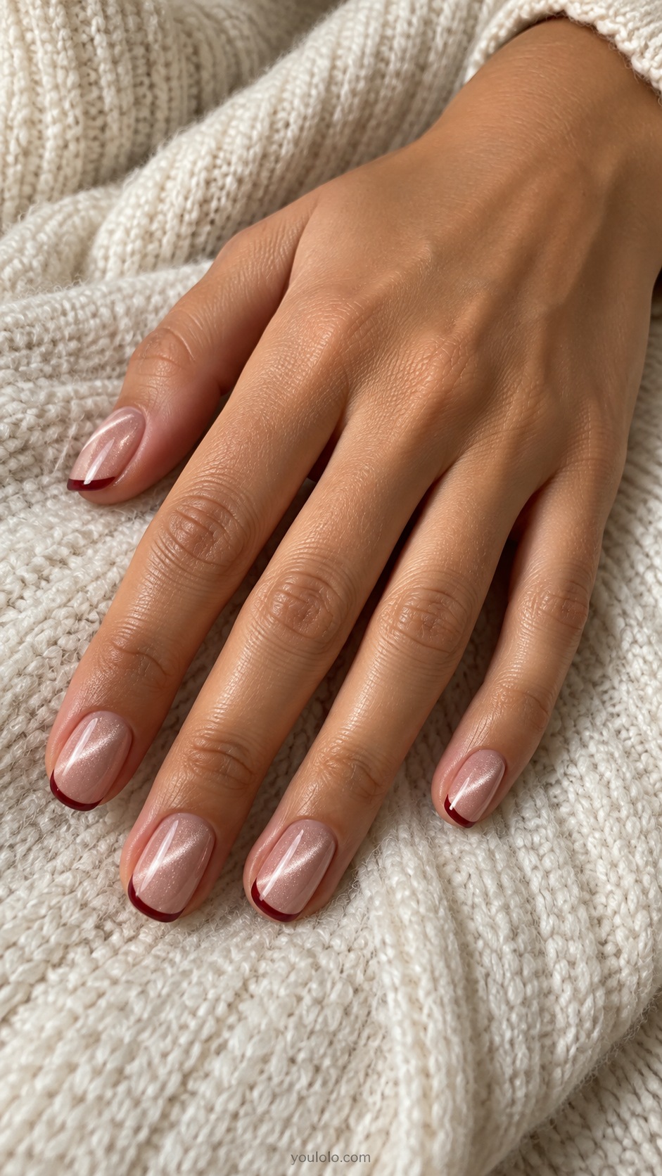 Blush Velvet with a Burgundy Edge cat eye nails — Short rounded blush magnetic velvet nails with very thin wine red French edges.