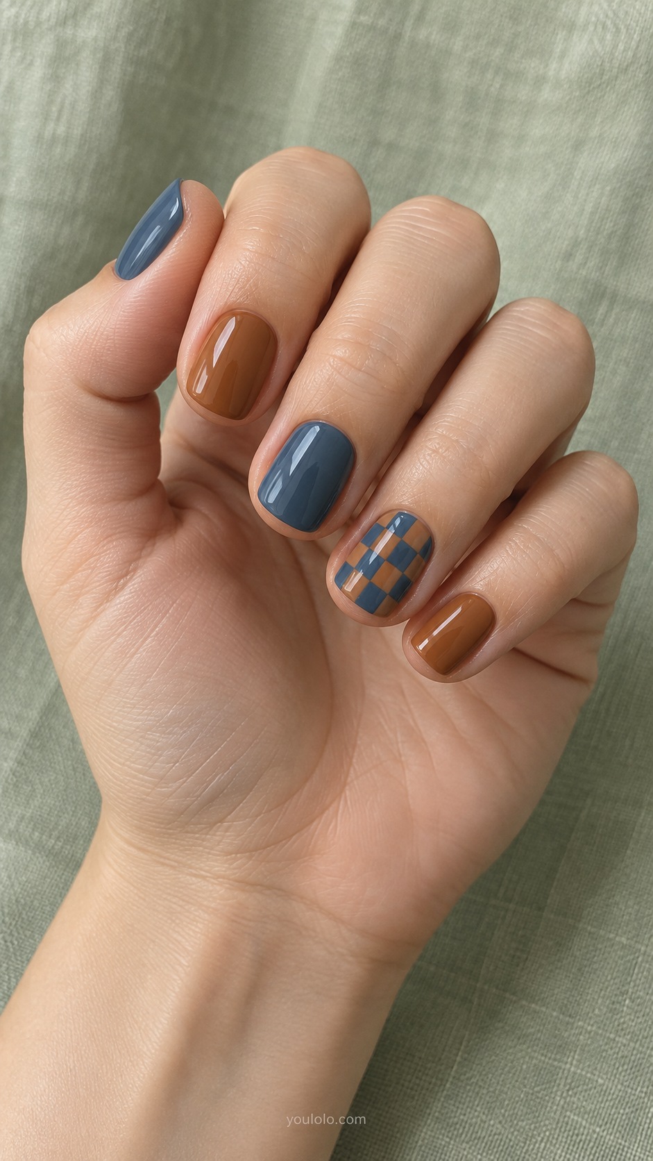 Denim Caramel Checker — short squoval denim blue and caramel brown checkerboard only ring nail other nails alternating solid denim and caramel