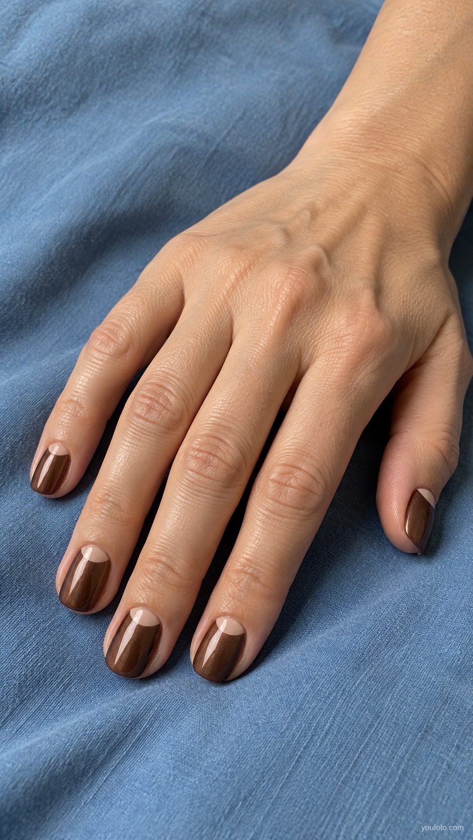 Mocha Chrome Half Moon — short squoval mocha brown chrome with small sheer beige half moon at each cuticle