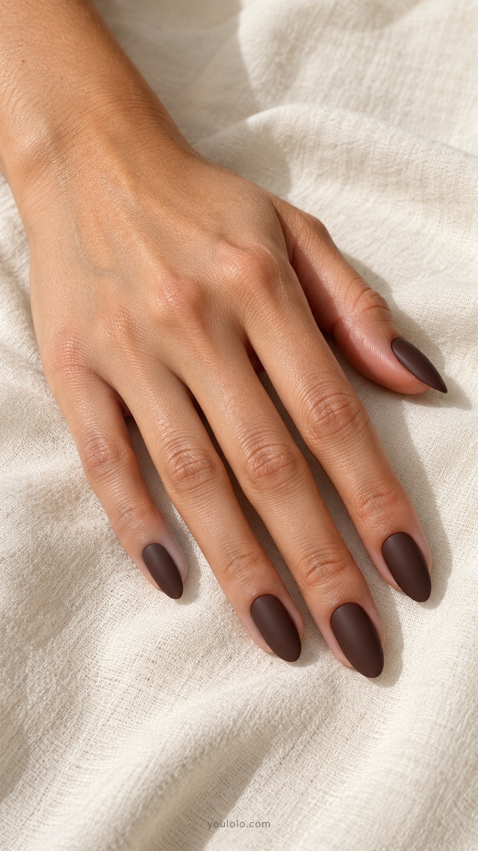 Cocoa Matte Almond — medium almond dark cocoa matte smooth no art