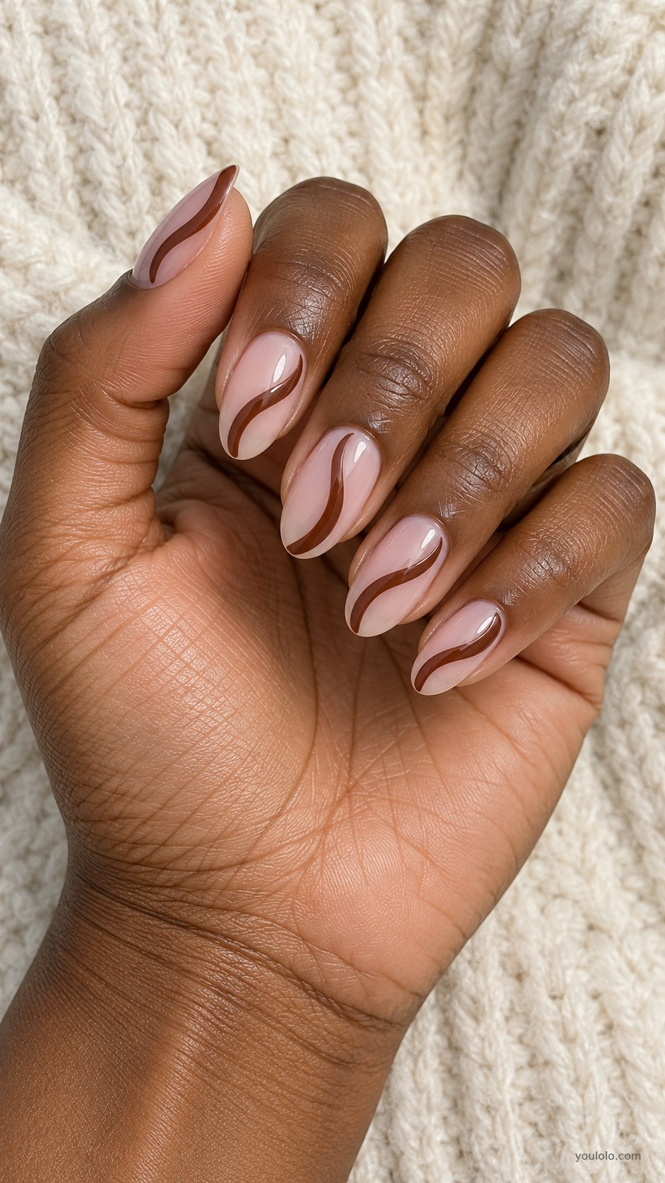 Strawberry Cocoa Swirl — medium almond sheer pink base one cocoa brown flowing painted ribbon across each nail