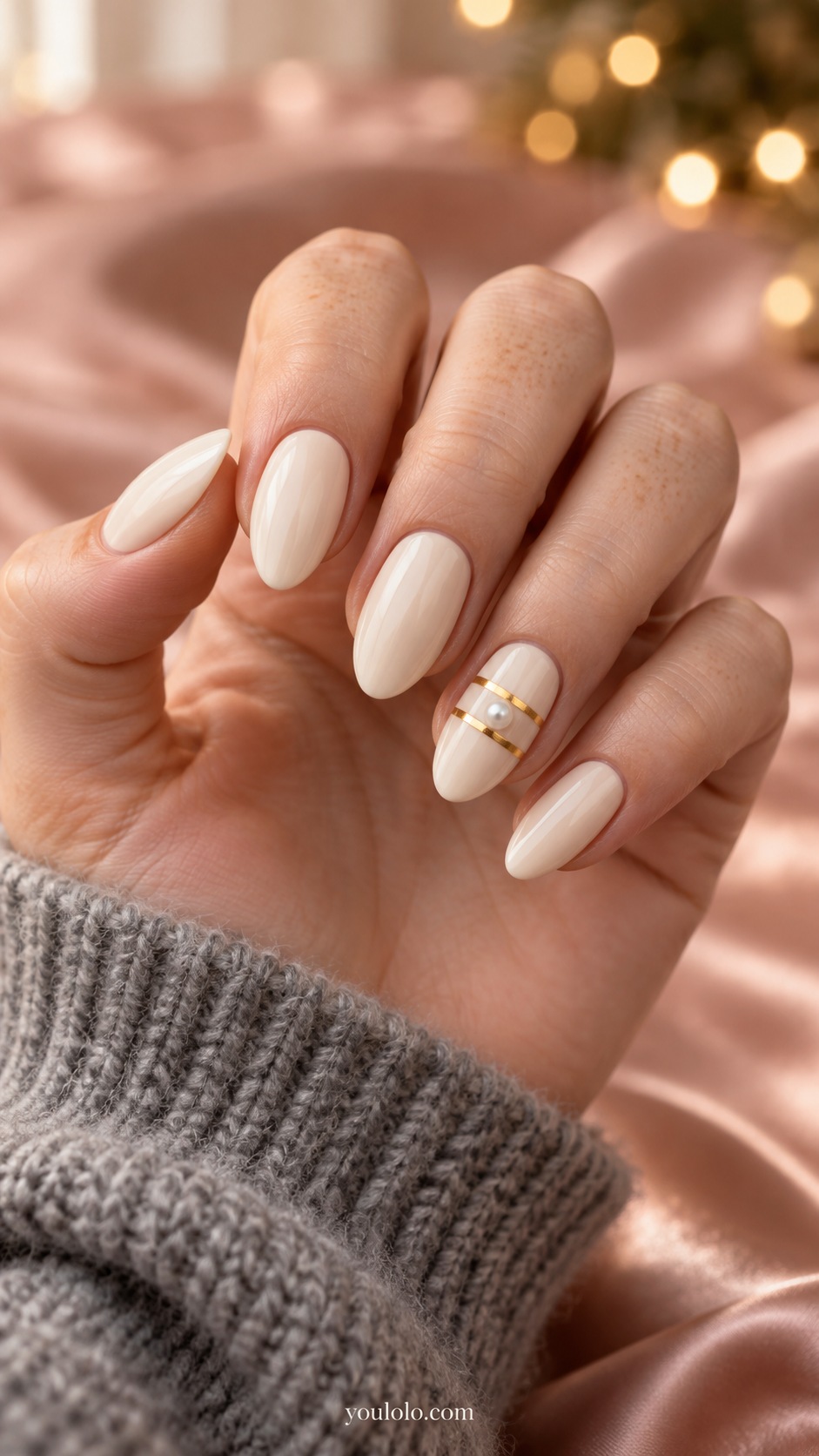 Medium almond ivory nails two slim gold chrome transverse bands one tiny round pearl centered between bands on ring nail only