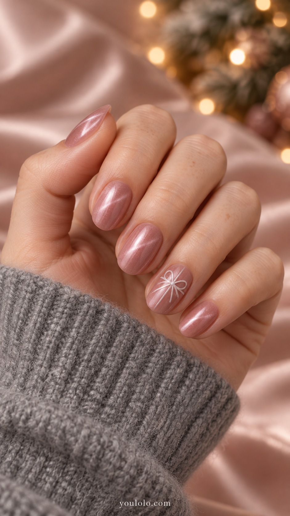 Short almond soft rose pink cat eye nails one ring nail fine white painted bow