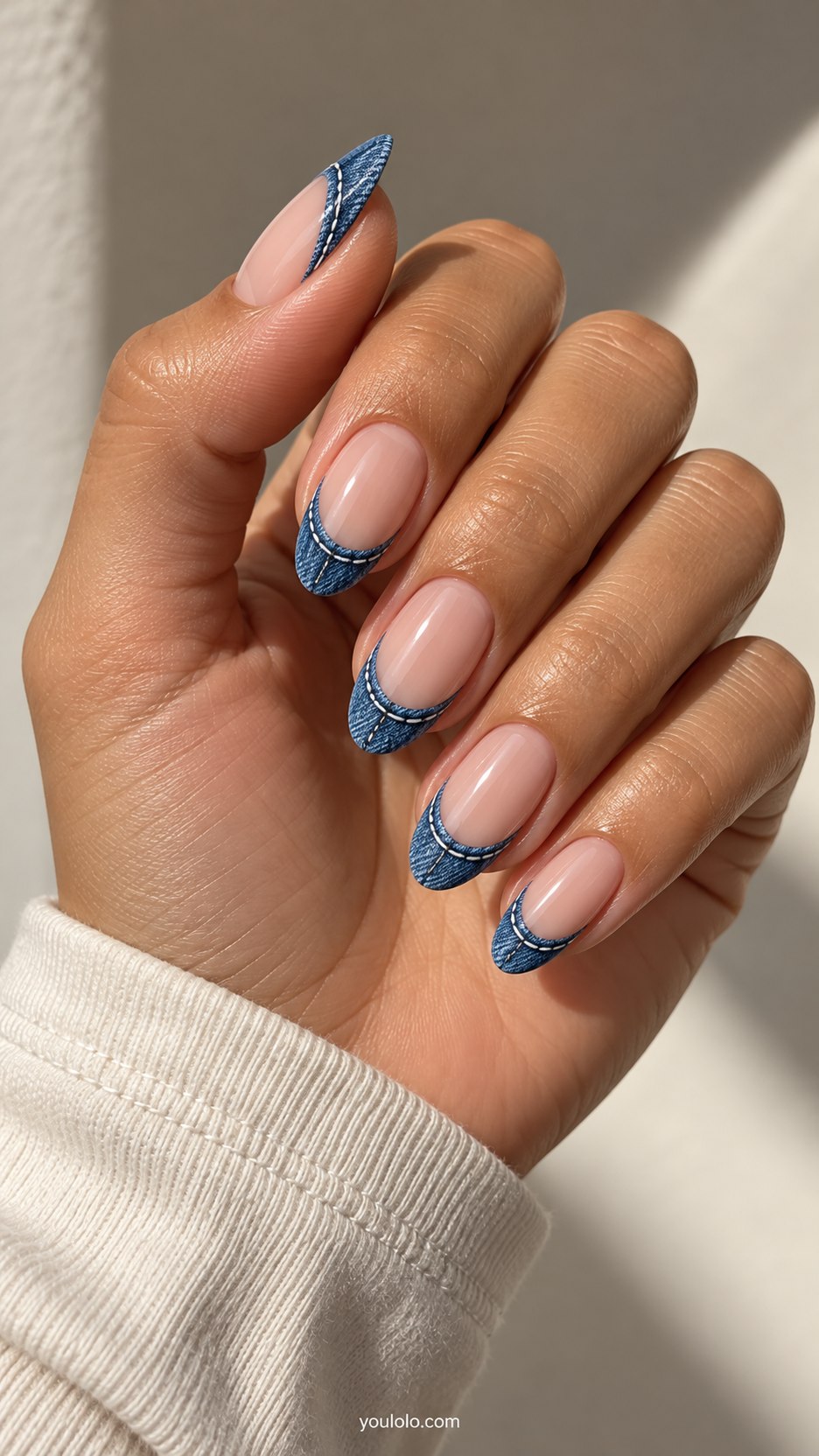 White-Seam Denim French: medium almond nude nails, blue denim textured French tips with fine white seam detail