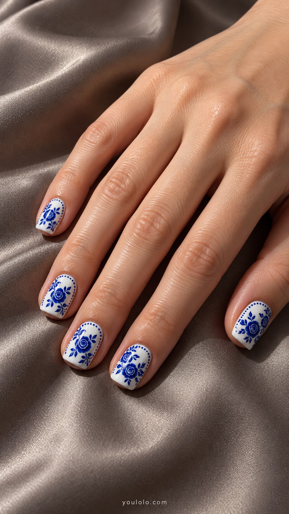 Blue Porcelain Lace: short square white nails, cobalt painted lace rosettes and fine dotted borders