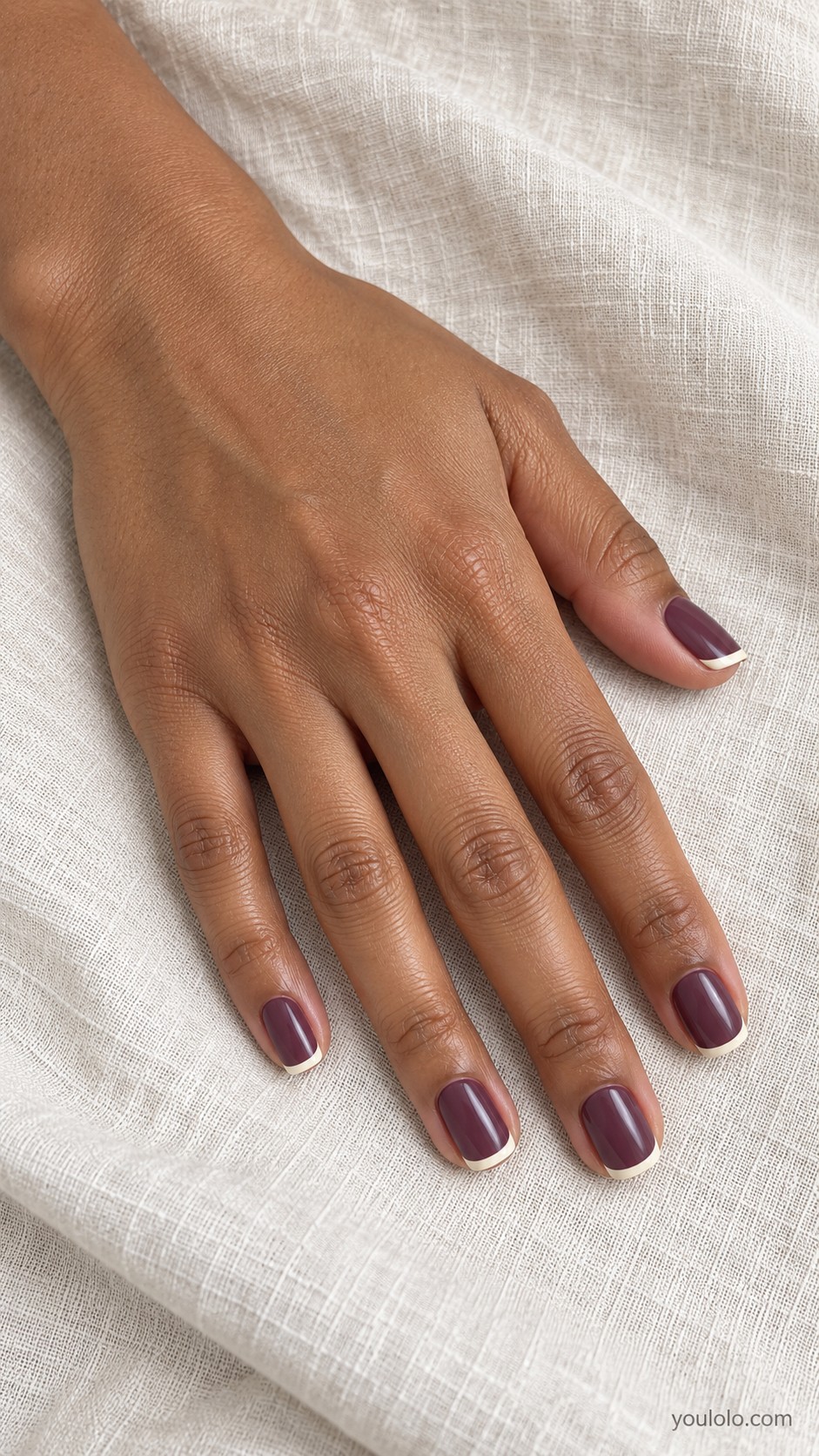 fall nail ideas — Muted Plum with Cream Micro Tips