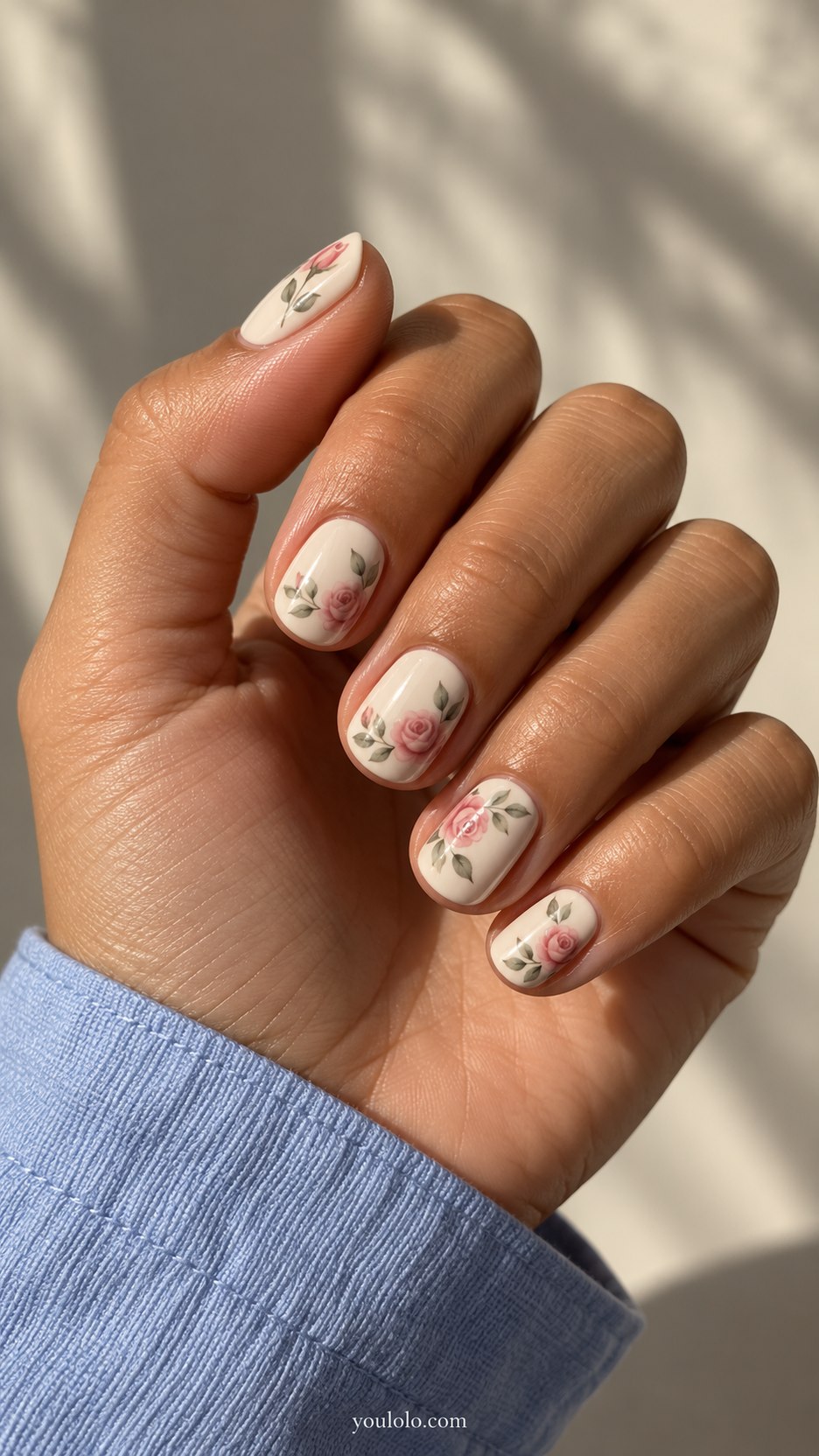 Rose Chintz Porcelain: short rounded ivory nails, tiny dusty pink painted roses with sage leaves, restrained spacing