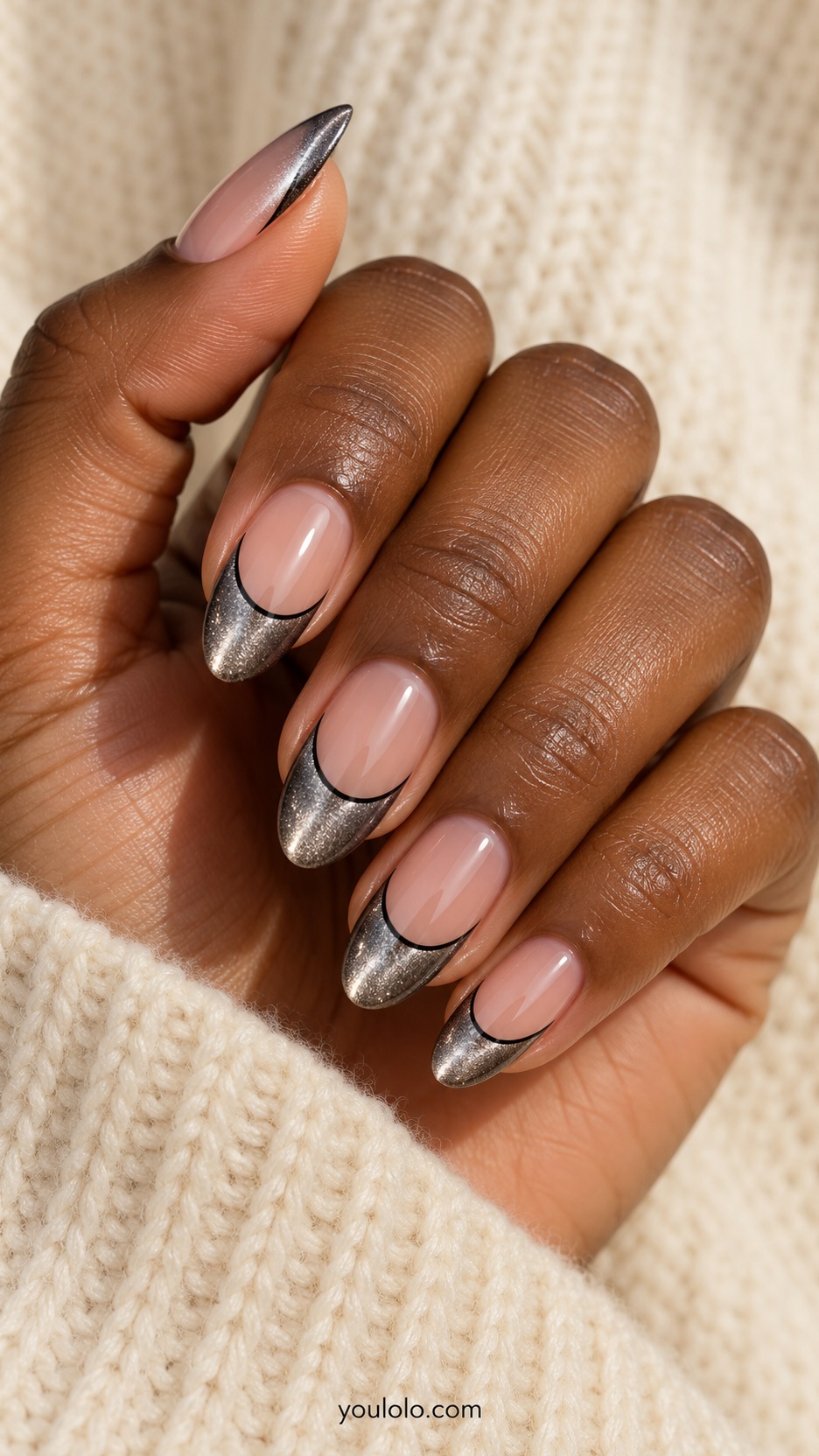 French Cat Eye Nails: medium almond nude beds silver magnetic tips thin separate black curve below tip