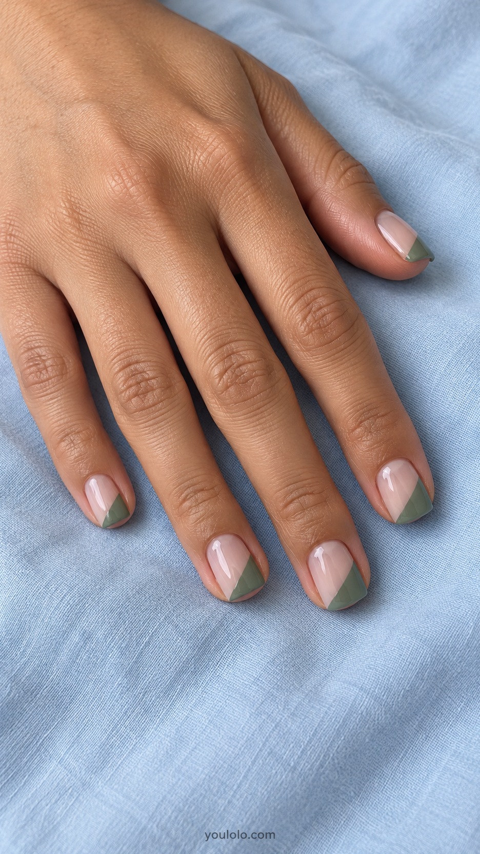 Short Square Nail Designs: Sage Diagonal Blocks manicure on a naturally posed hand