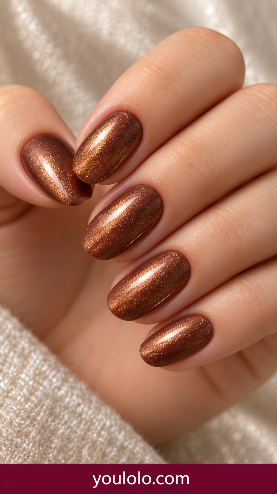 Short almond warm bronze fine metallic shimmer nails with soft copper highlight on a naturally curled young adult hand