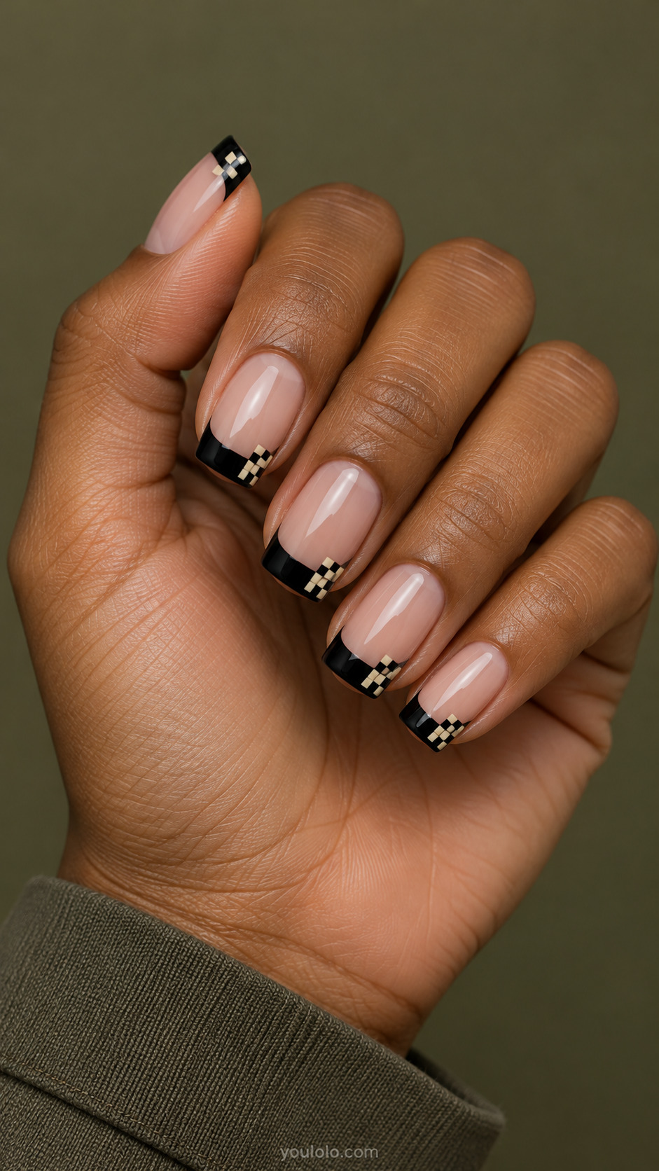 Checkerboard Corner Tips on square nails with a nude base