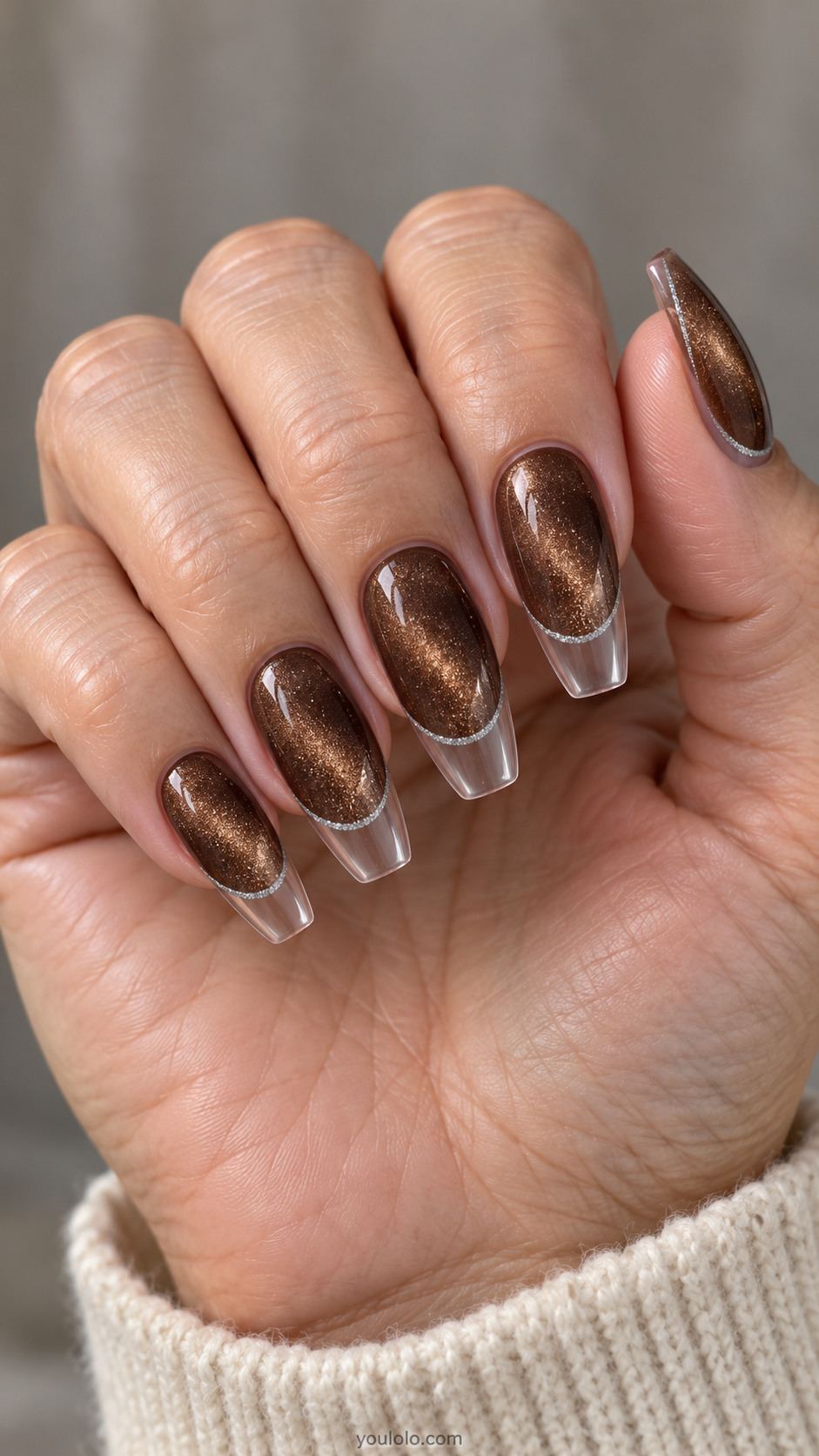 Medium coffin nails: brown magnetic velvet nail beds ending in curved smile line, transparent clear free edges, extremely fine silver painted smile border.