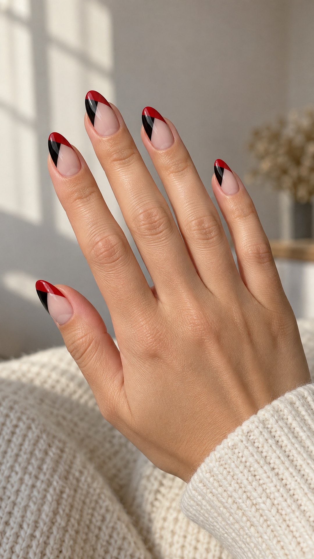 black and red nails — Diagonal Red and Black Tips