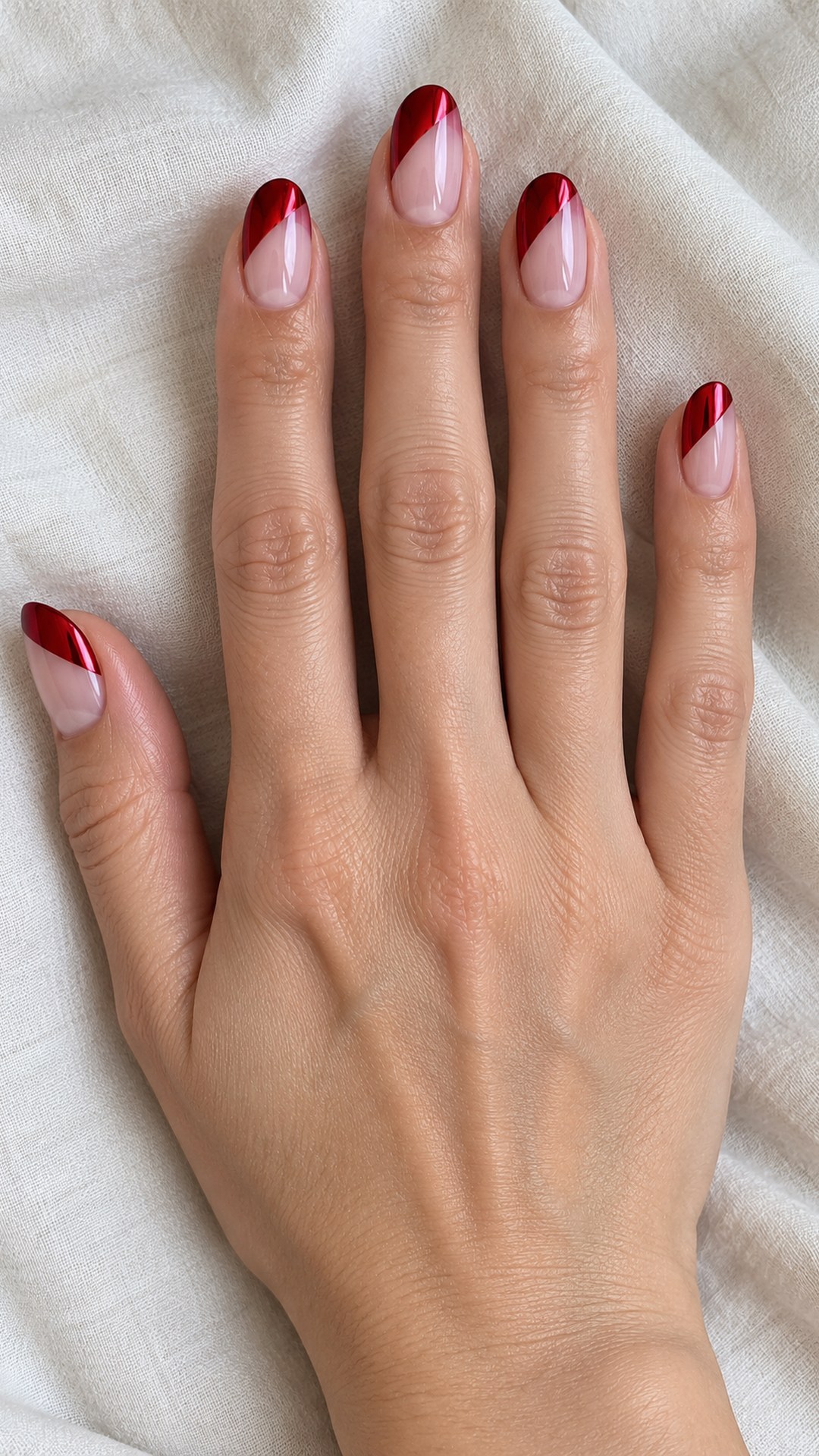 red chrome nails — Diagonal Red Chrome Tips