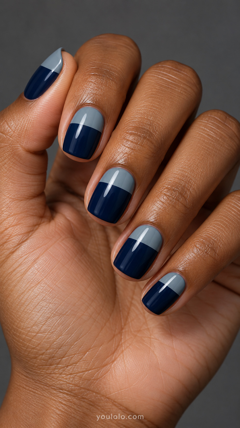 Midnight and Misty Gray Color Blocks on a naturally posed hand, showing dark blue polish and detailed nail art