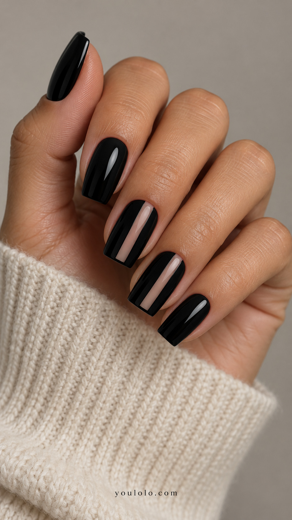 Black square nails with slim off-center nude windows
