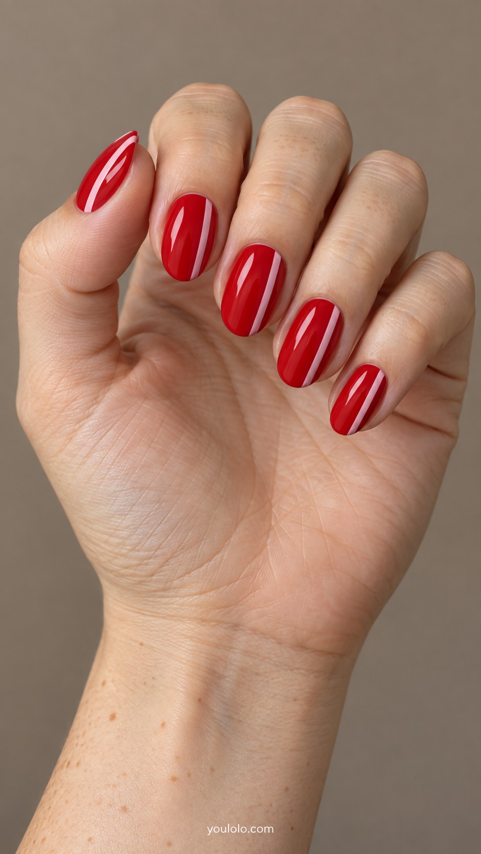 Cherry Red Nails — Cherry Red with Pale Pink Pinstripes