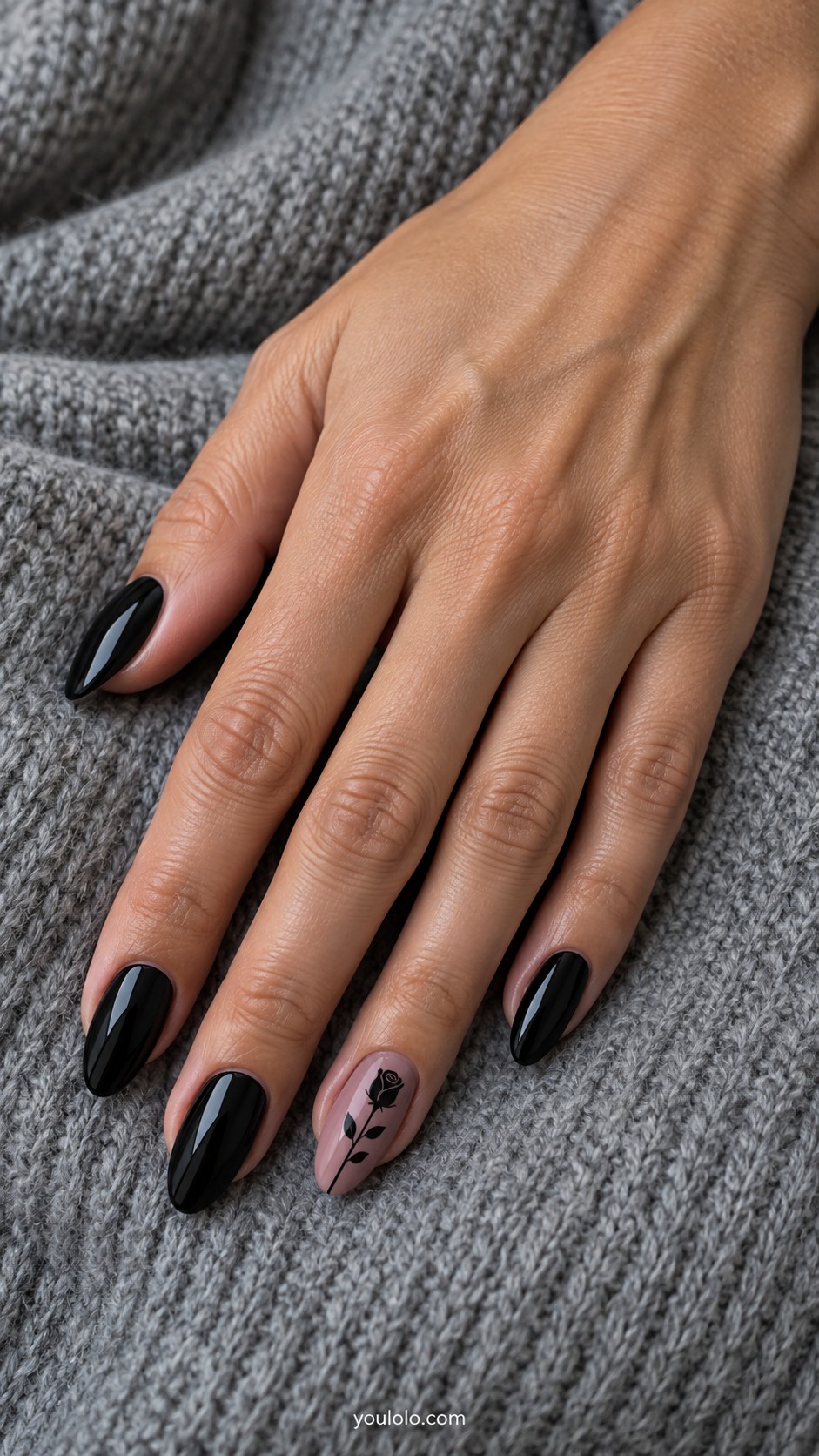 Dark Feminine Nails — Black Rose Silhouette on Mauve