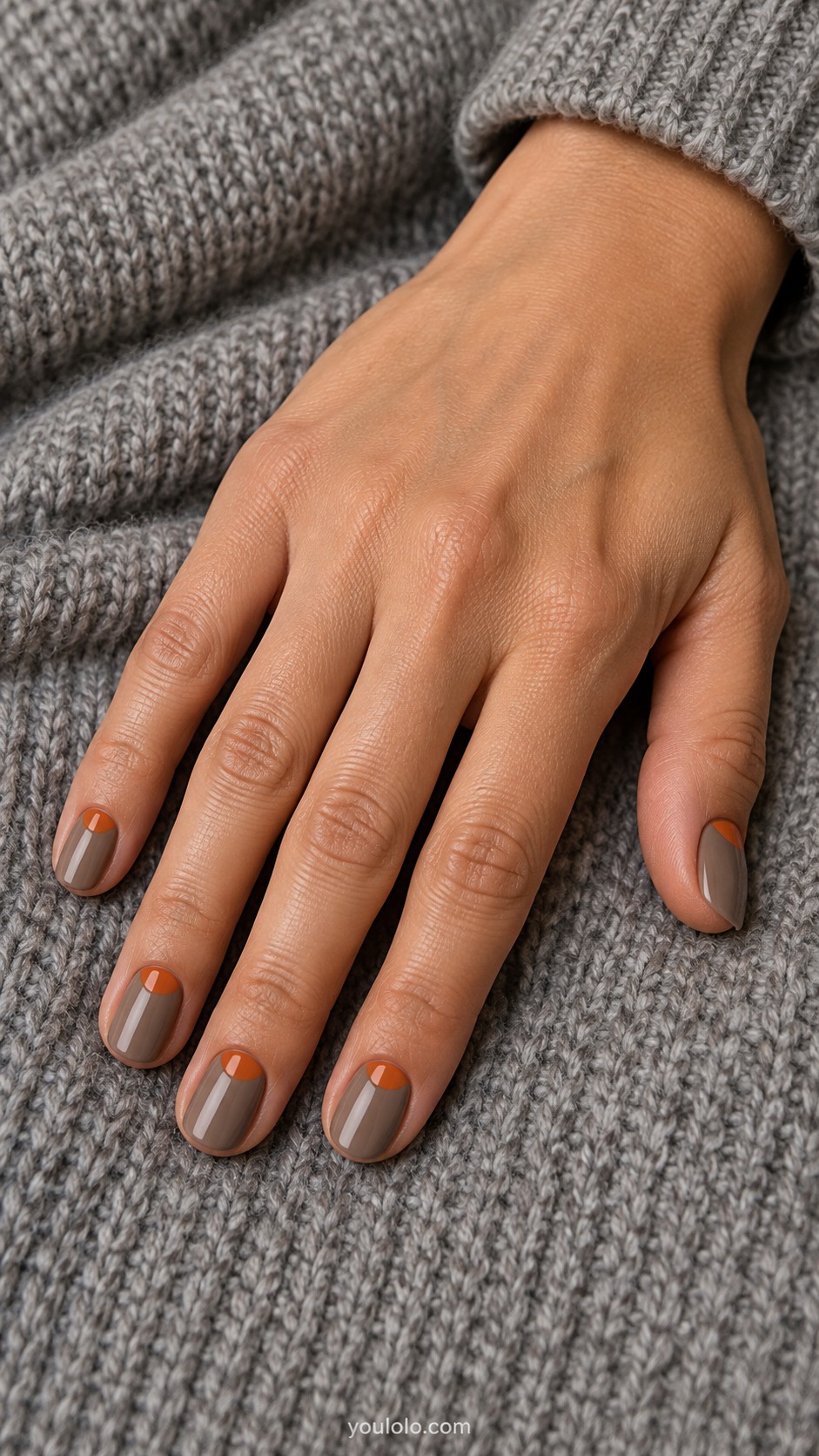 October Nails — Muted Orange Half Moons on Taupe