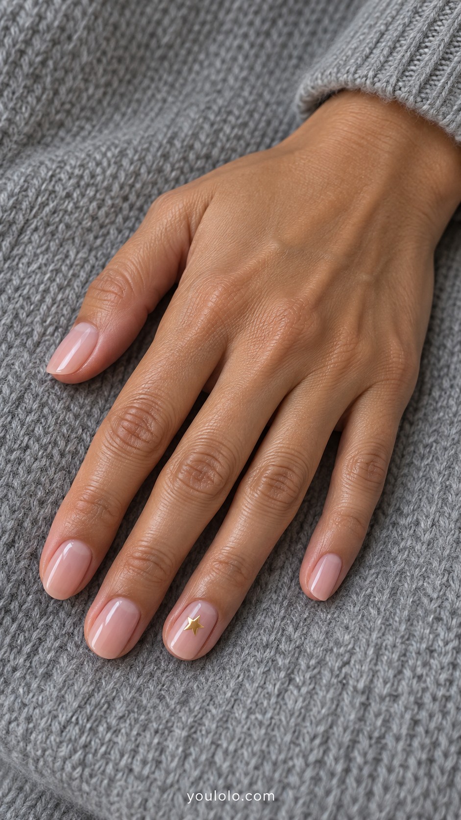 Simple Christmas Nails — One Gold Star on Sheer Pink