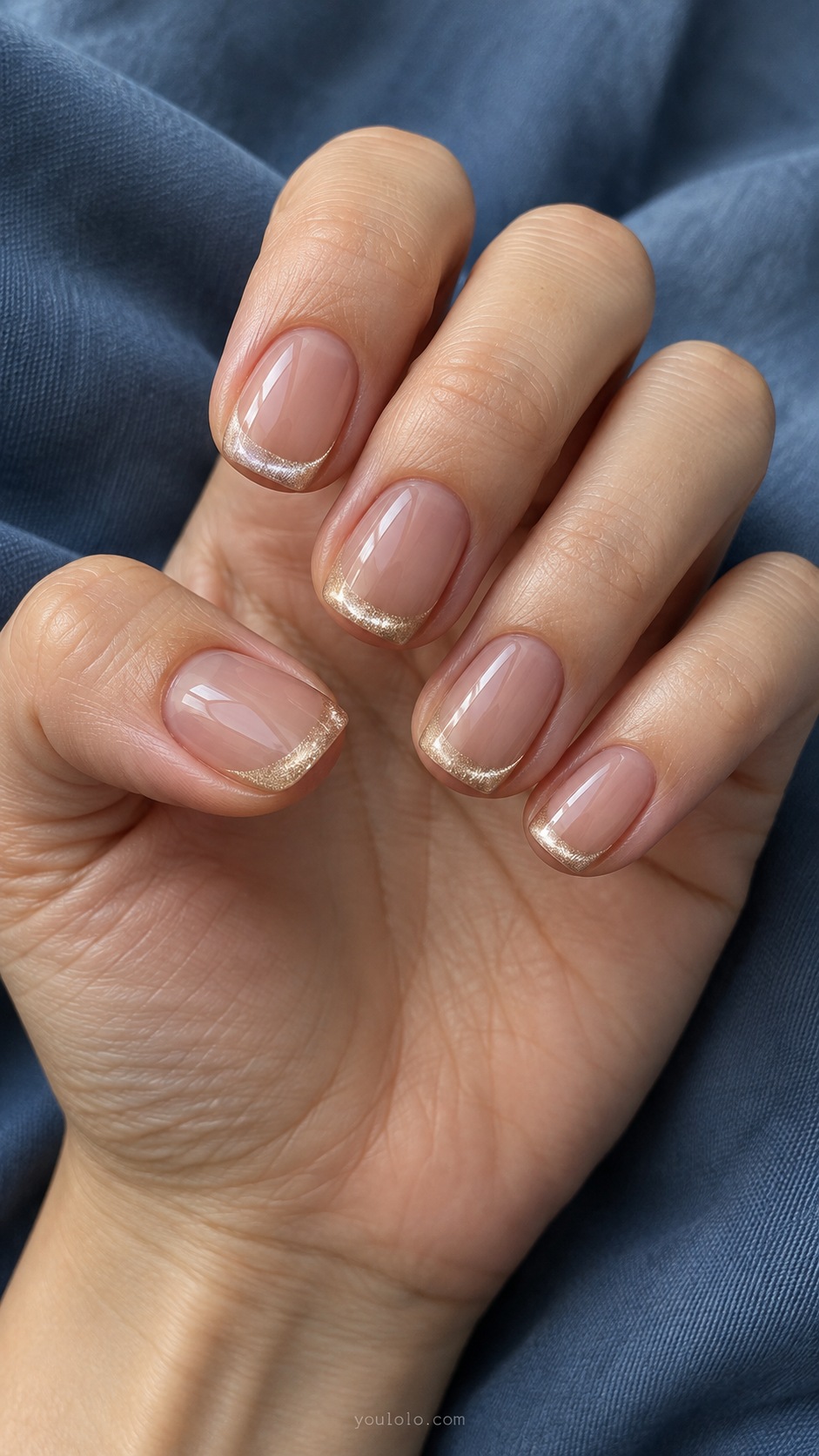 Champagne Micro French cat eye nails — Short squoval sheer warm nude nails with thin champagne magnetic French tips.
