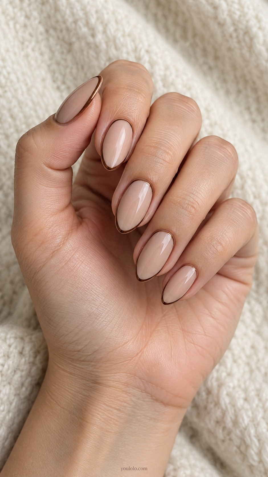 Chocolate Chrome Outline — medium almond nude beige base very thin chocolate metallic chrome perimeter outline
