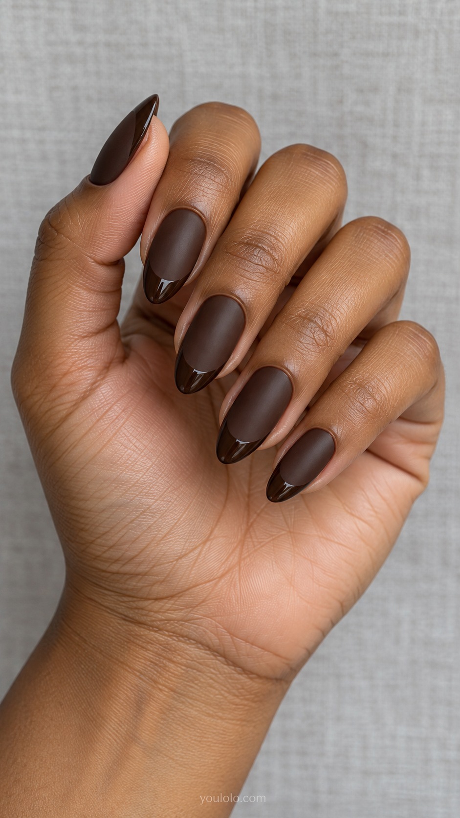 Dark Chocolate Glossy French — medium almond matte dark chocolate base same color glossy French tips