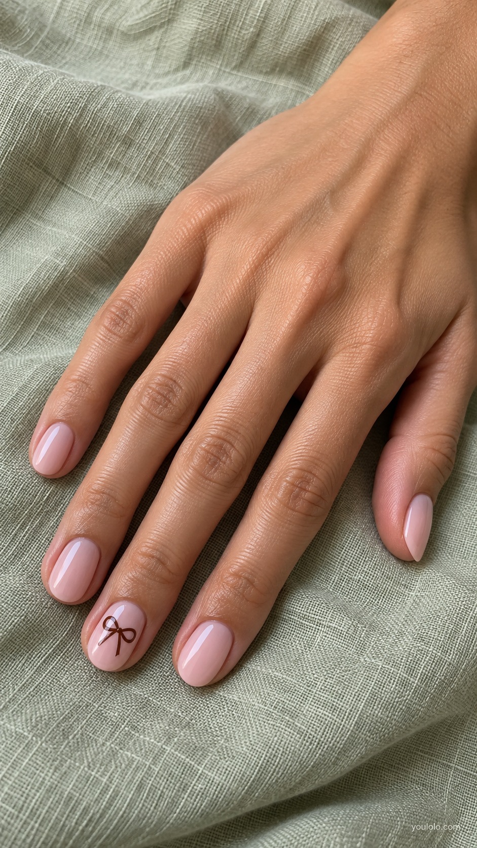 Pink with Chocolate Bow — short oval light pink nails one fine chocolate painted bow on ring nail
