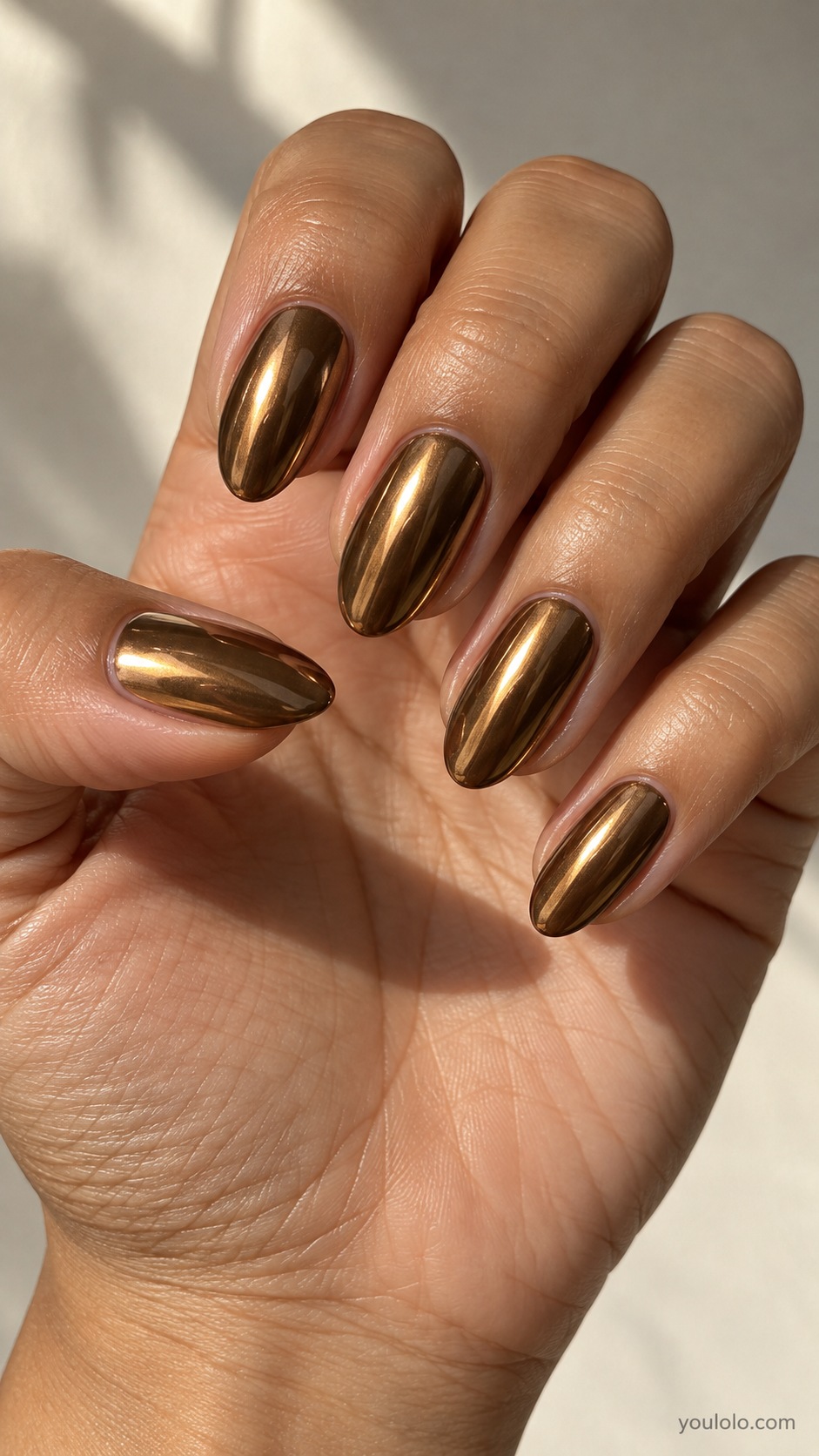 Antique Bronze fall chrome nails — deep muted bronze chrome, brown gold metallic reflective finish, not glitter, medium almond nails