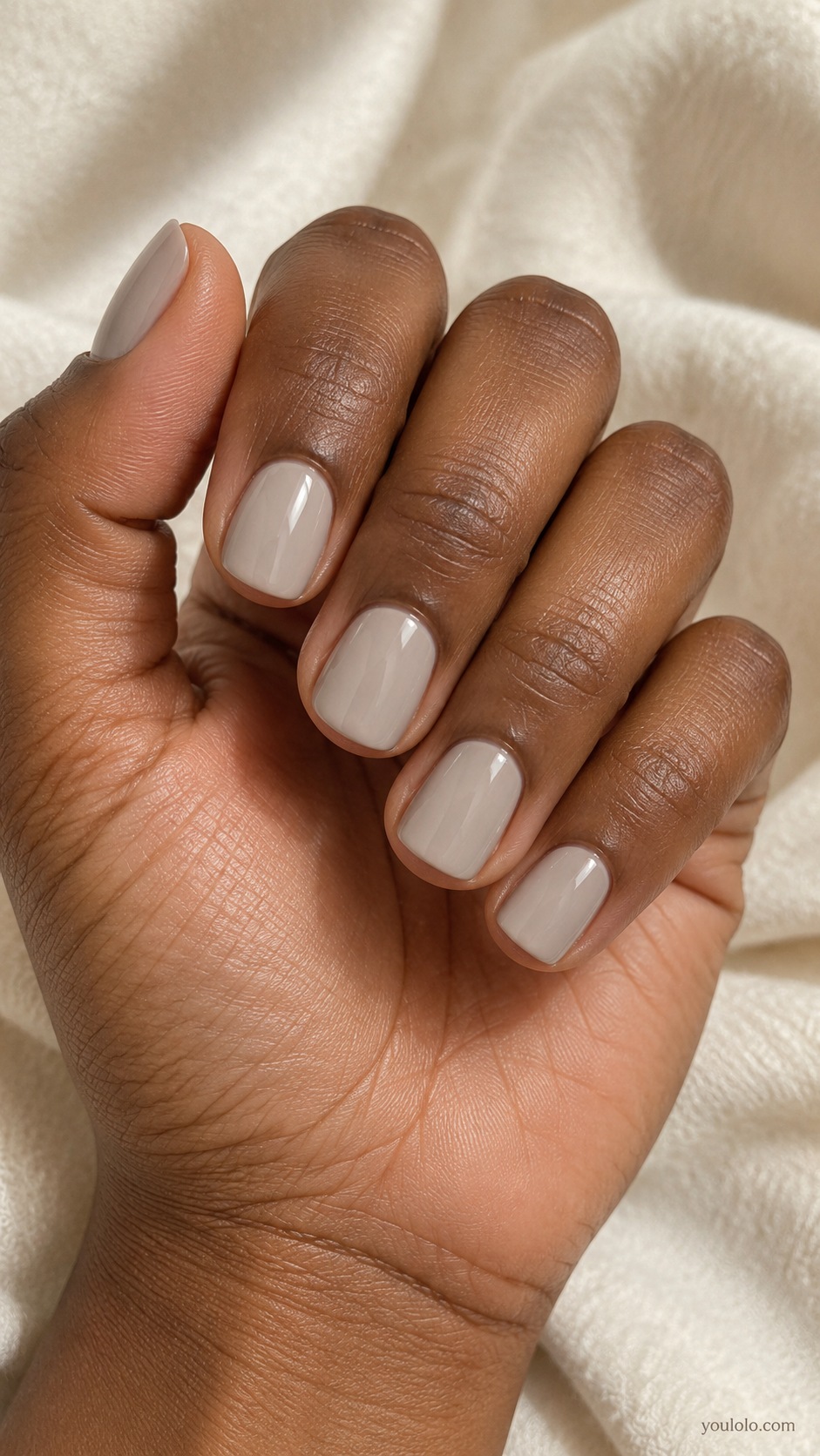 Short squoval nails pale putty gray beige cream glossy