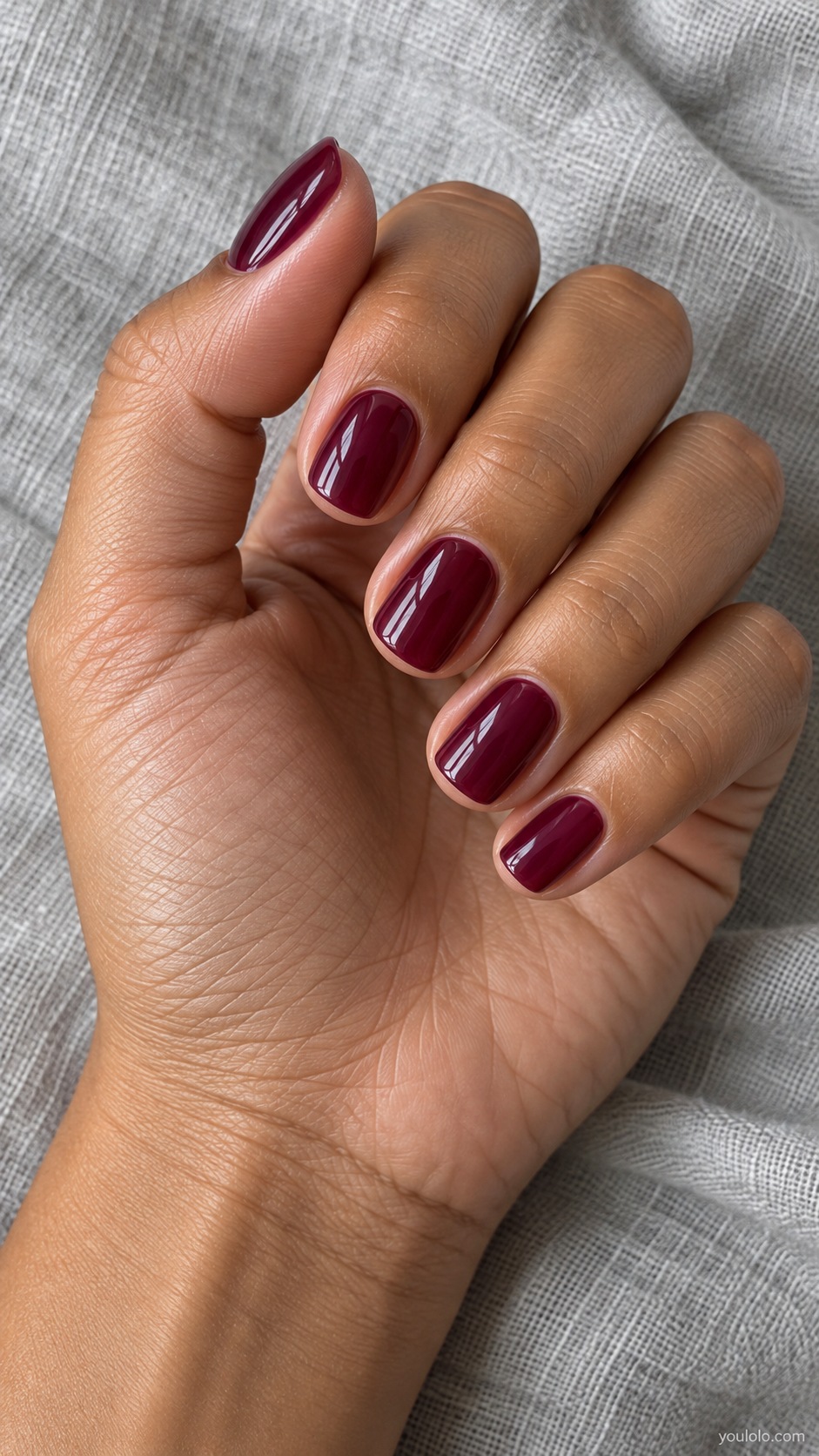 Short squoval nails rich red purple mulberry translucent jelly gloss