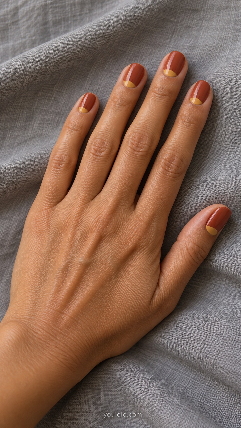 Short round nails terracotta cream small ochre yellow half moons near cuticles