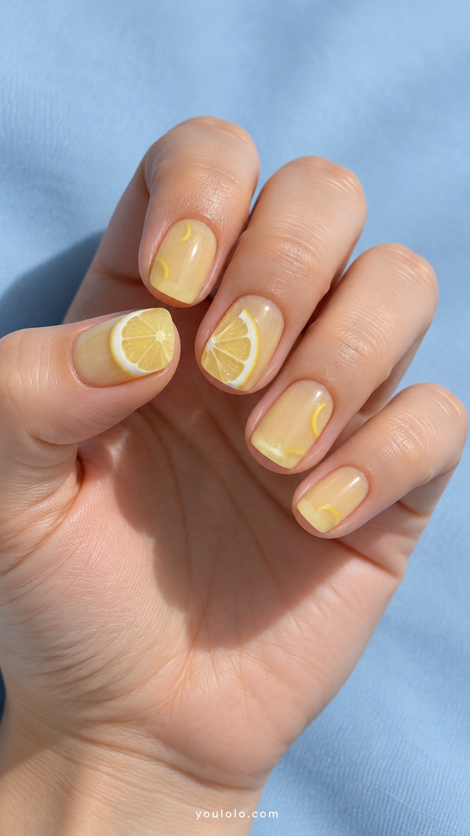 Lemon-Slice Jelly Relief — Short squoval nails, translucent lemonade yellow, two accent nails have sculpted raised semicircular lemon slices with segmented pale yellow pulp and thin white rind, other nails sparse small yellow arcs