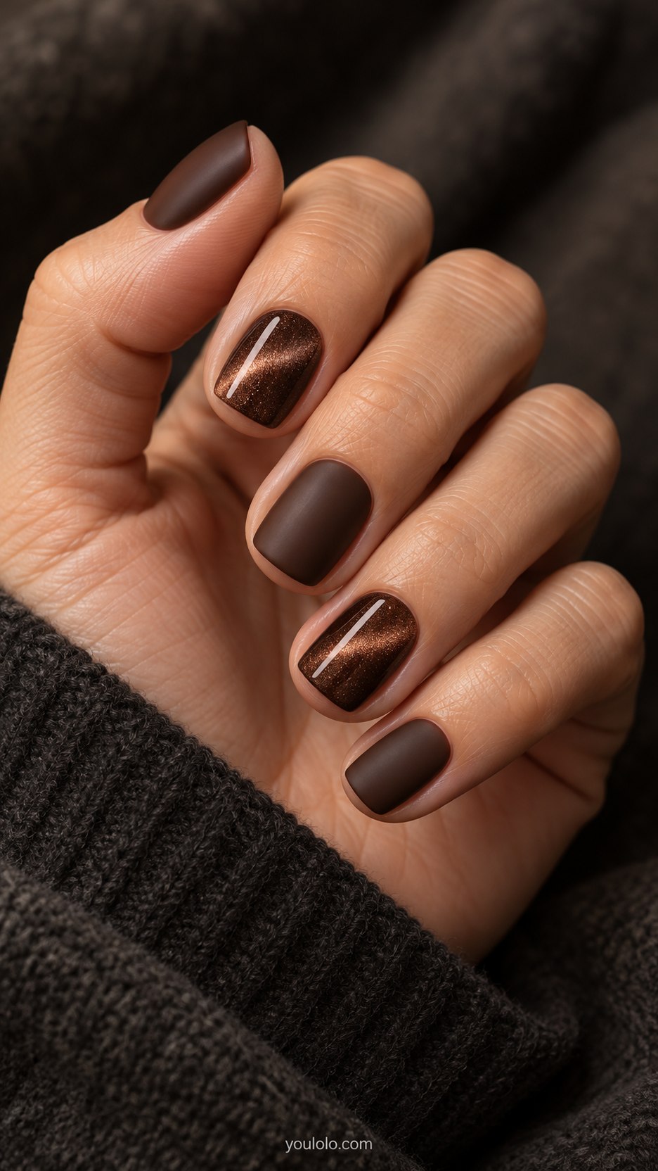 Chocolate Satin-and-Velvet: short square nails, alternating smooth matte chocolate and glossy luminous chocolate magnetic velvet accents