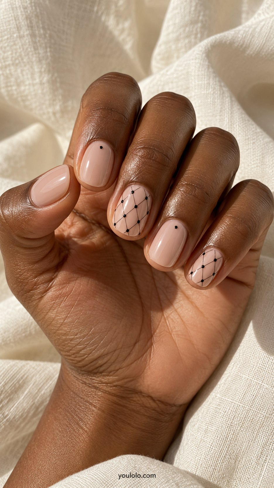 Sheer Black Tulle: short rounded translucent beige nails, fine black diamond mesh and tiny dots on two accents