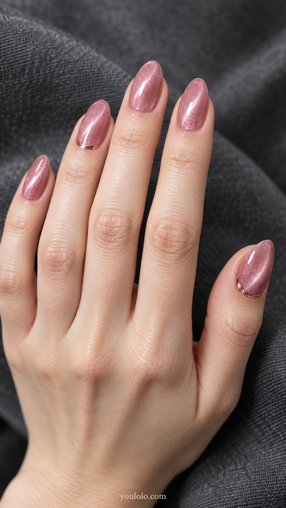 Pink Cat Eye Nails: medium almond rose pink magnetic nails hairline rose gold cuticle arc on ring and thumb only