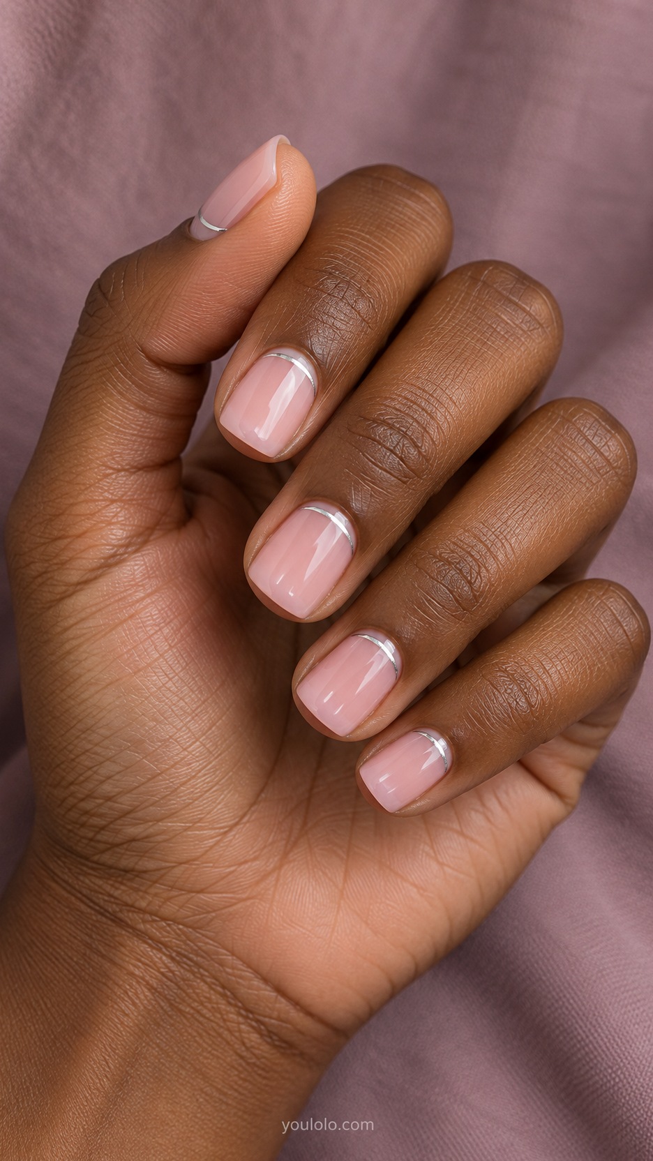 Short Square Nail Designs: Silver Cuticle Arcs manicure on a naturally posed hand