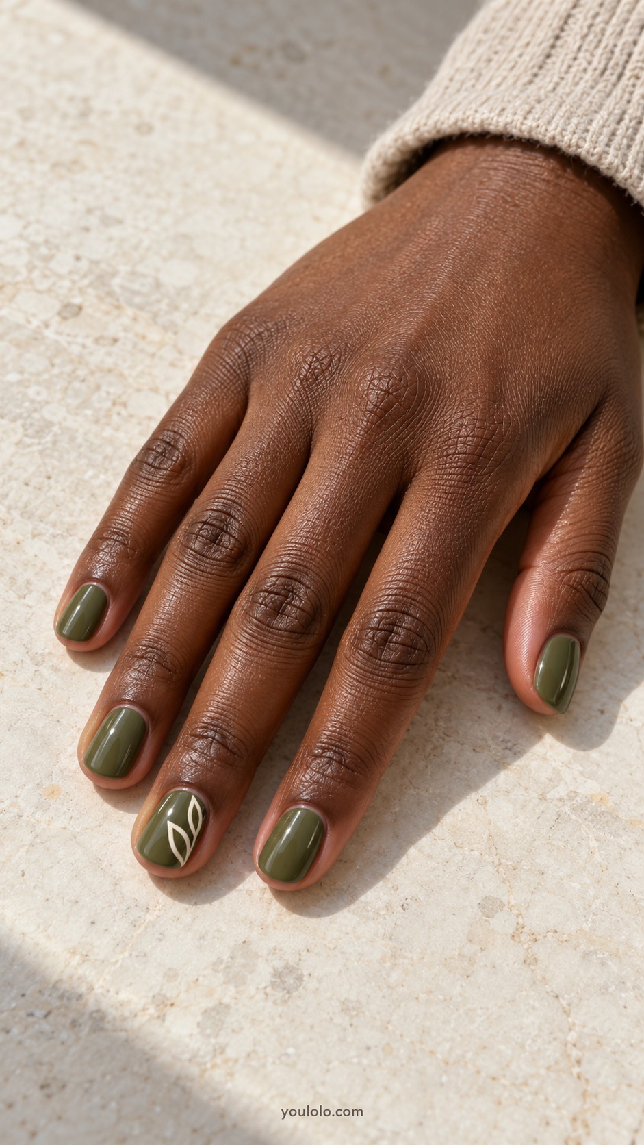 autumn nails — Olive with Cream Botanical Outlines