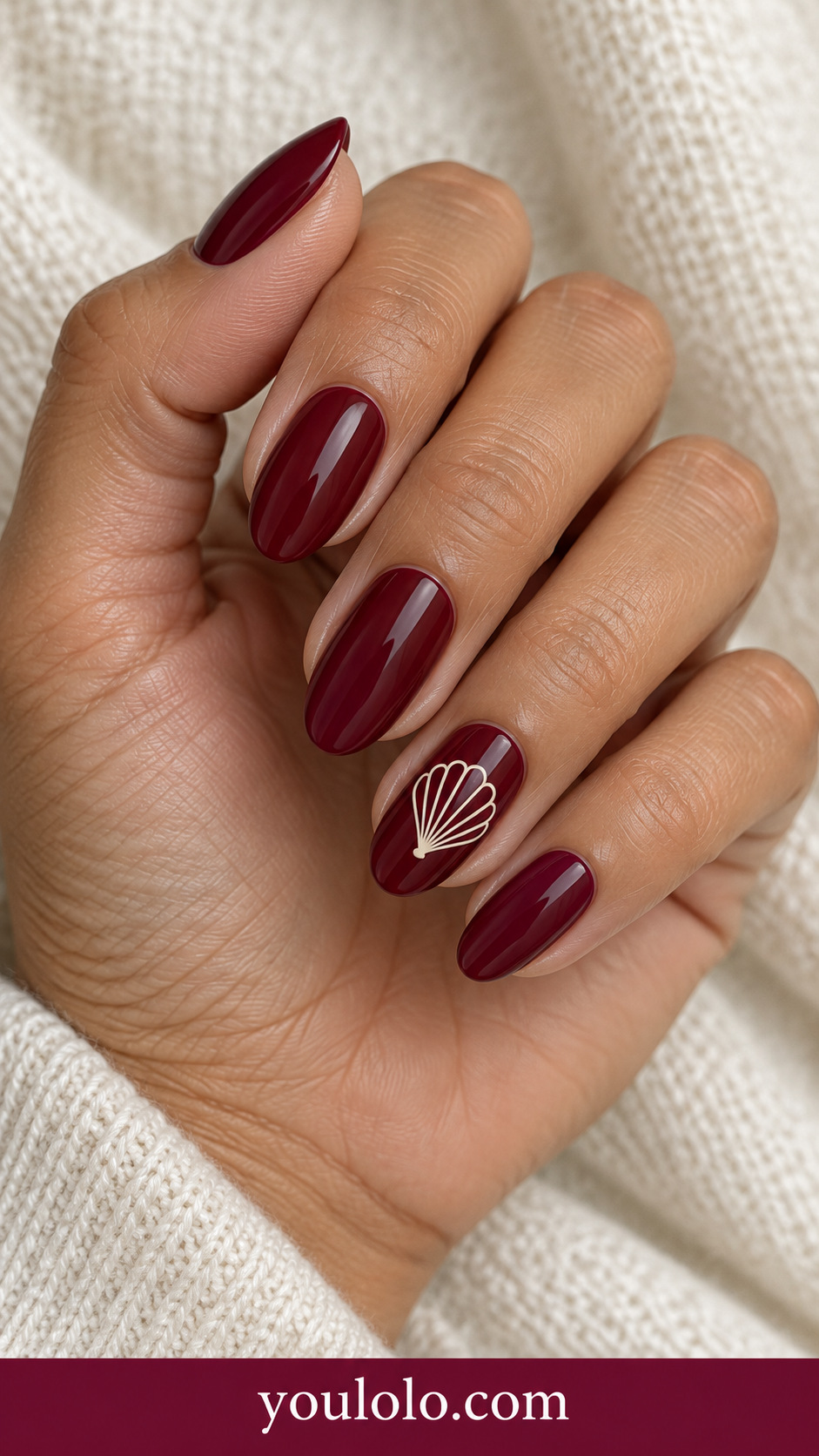 Wine Tiny Fan Shell: medium oval maroon nails ring nail miniature ivory fan shell line drawing flat painted on a naturally posed adult hand