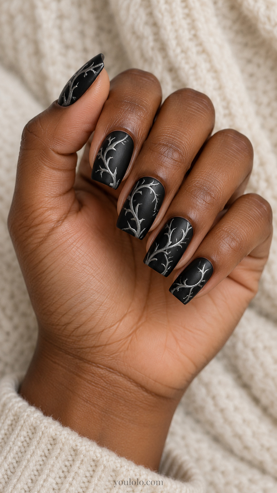 Medium square satin black nails handpainted fine silver-gray curling thorn branches from edges, no flowers, airy haunted botanical composition