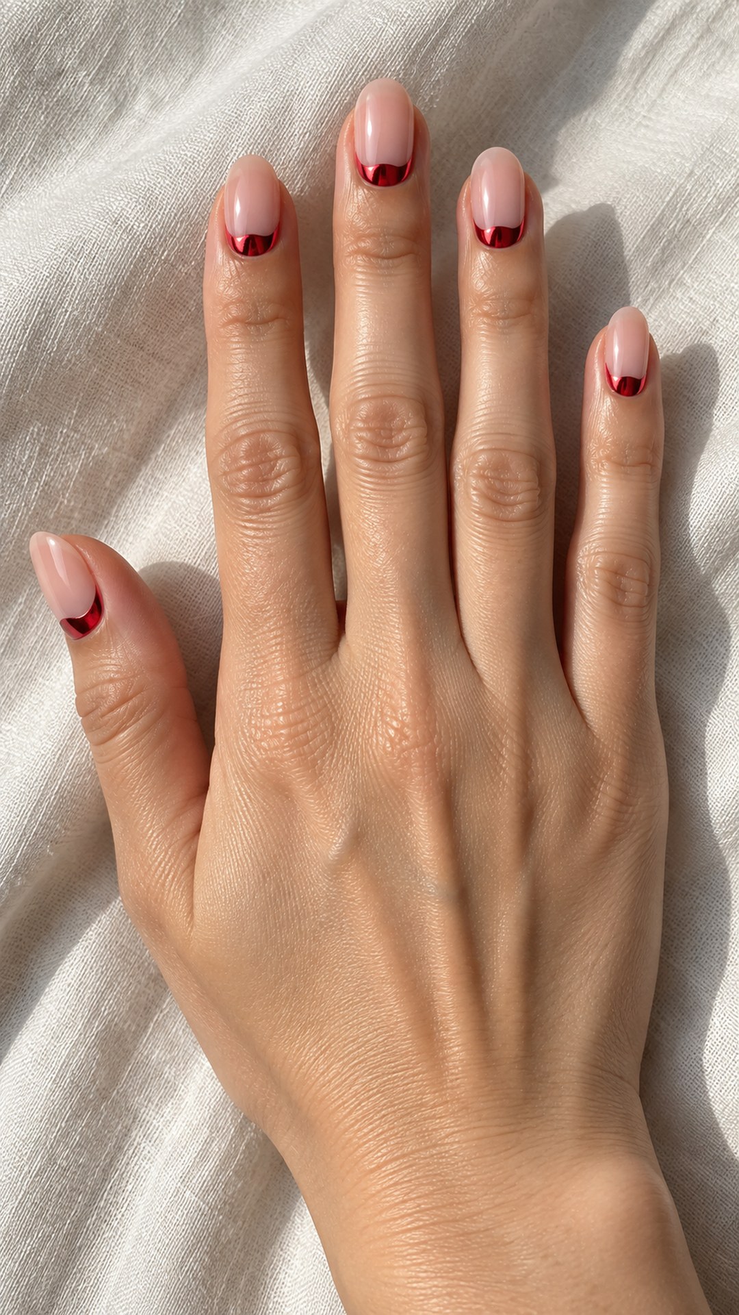 red chrome nails — Red Chrome Half-Moon Accents