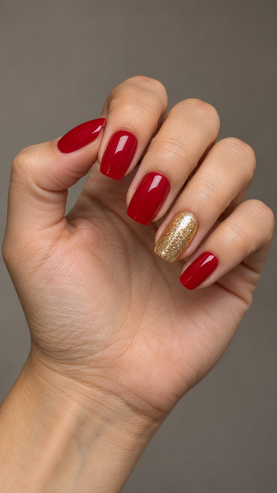 red and gold nails — Single Gold Glitter Accent