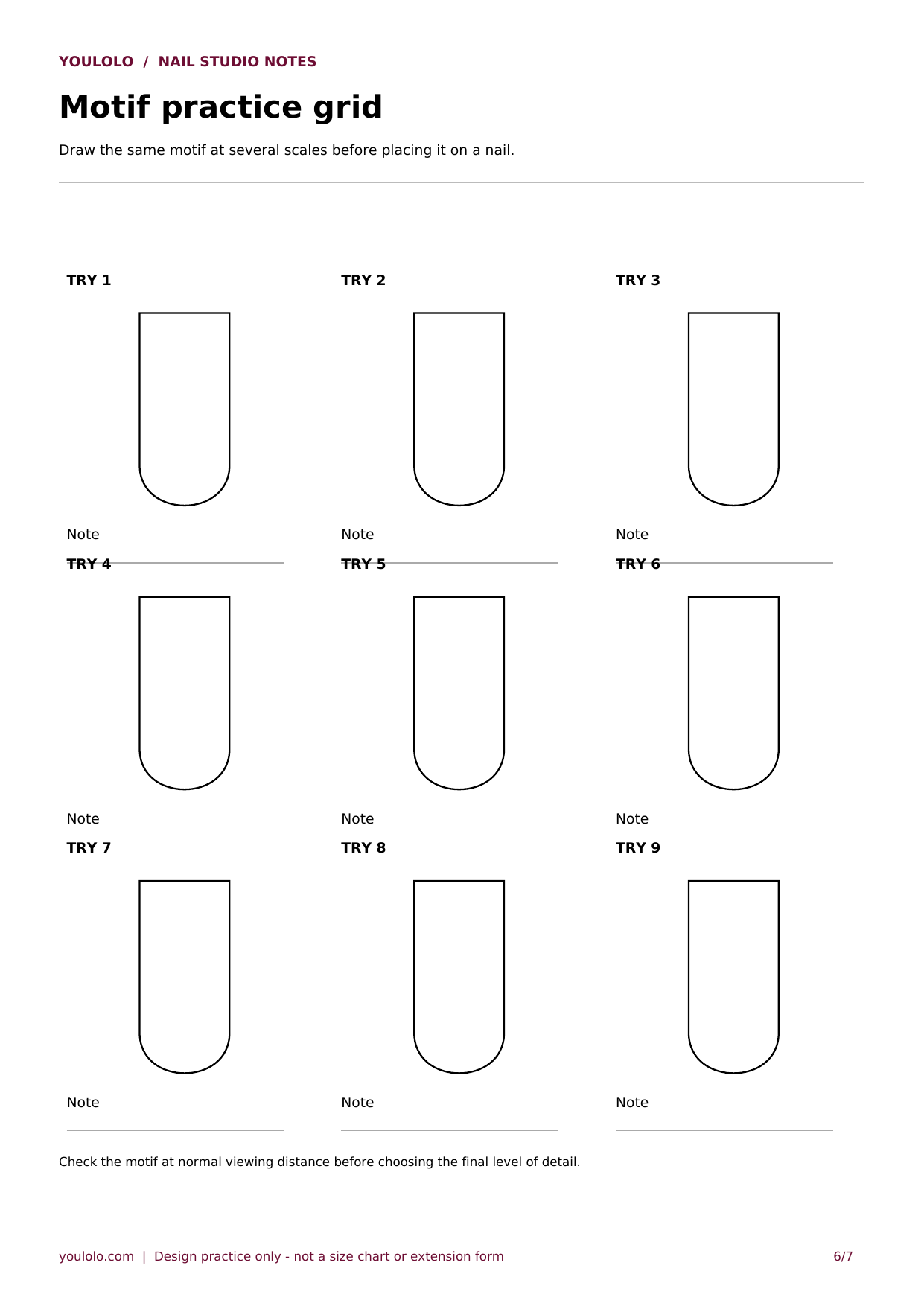 Printable long square nail template: motif practice grid with blank outlines and planning fields
