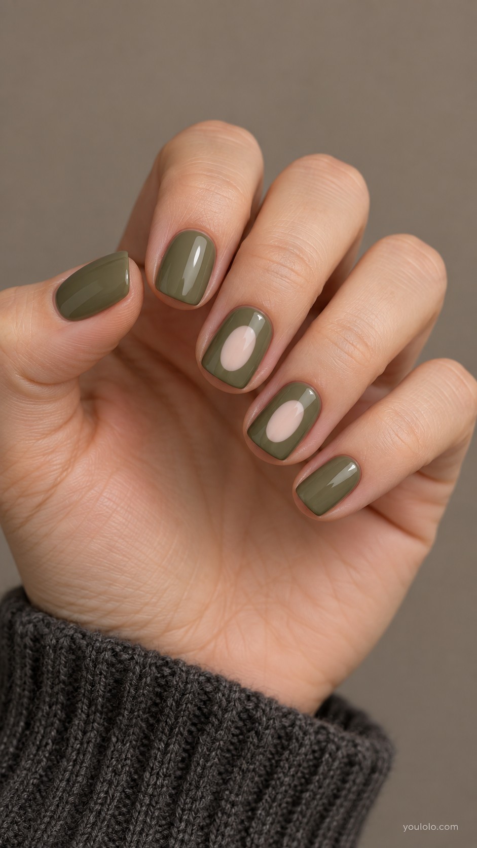 September nail ideas — Soft Olive with a Blush Oval