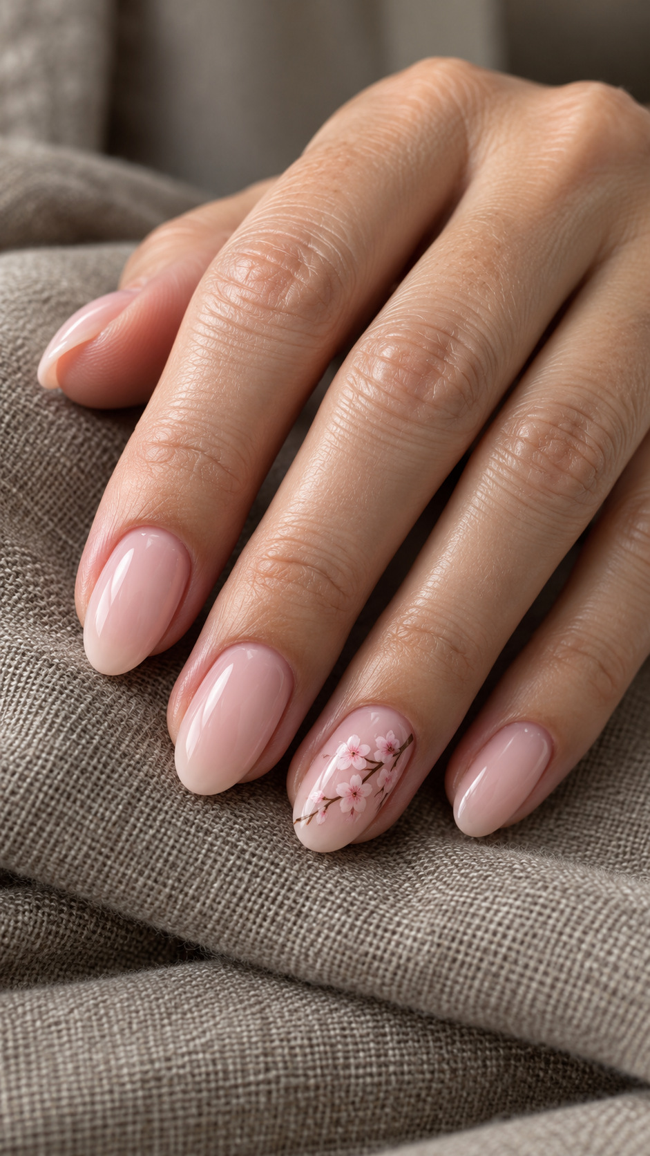 Milky Pink with Cherry Blossoms: Milky pink oval nails with a fine cherry-blossom branch on the ring nail on a naturally posed adult hand
