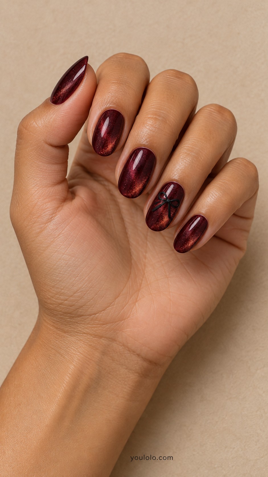 Dark Feminine Nails — Burgundy Velvet with a Satin Bow